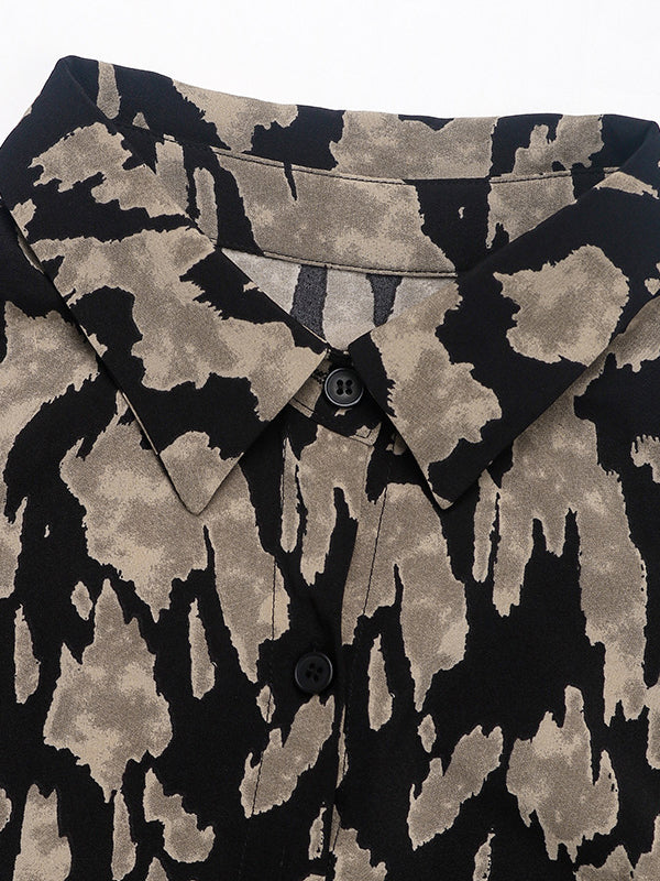 Long Sleeves Loose Printed Split-Joint Tied Waist Lapel Midi Dresses Shirt Dress