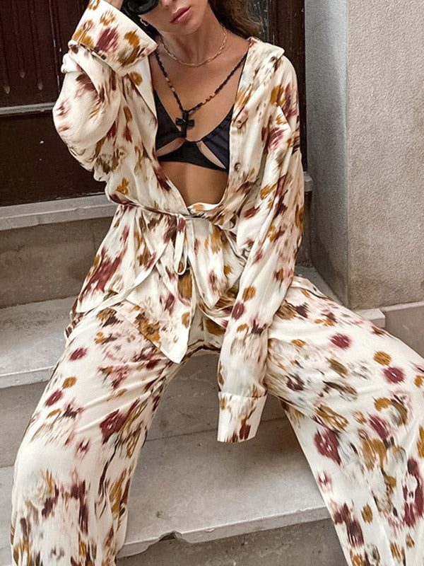 Long Sleeves Lace-Up Printed Lapel Blouse + High Waisted Elasticity Pants Two Pieces Set