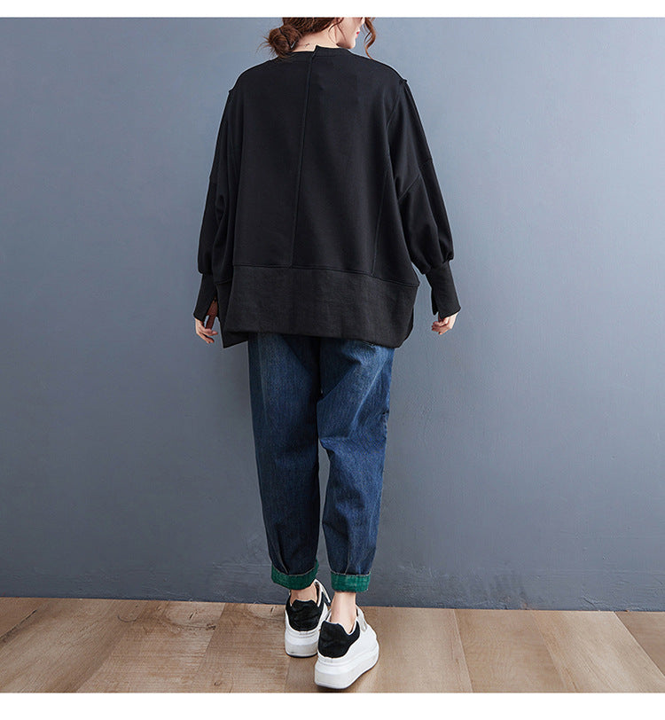 Asymmetric Solid Color Round Neck Long Sleeve Sweater