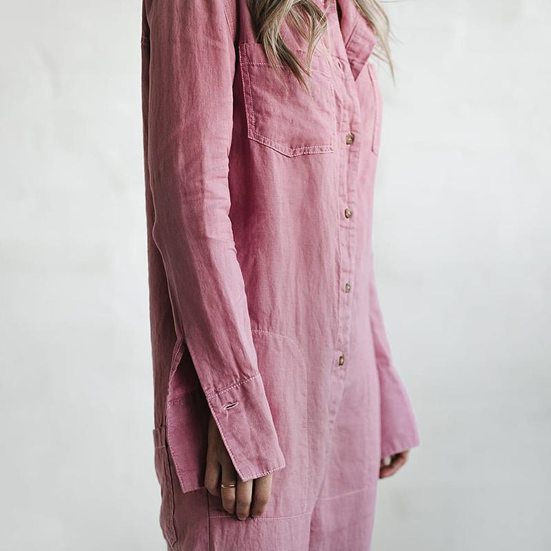 Casual lapel pocket long sleeve solid color cotton jumpsuit