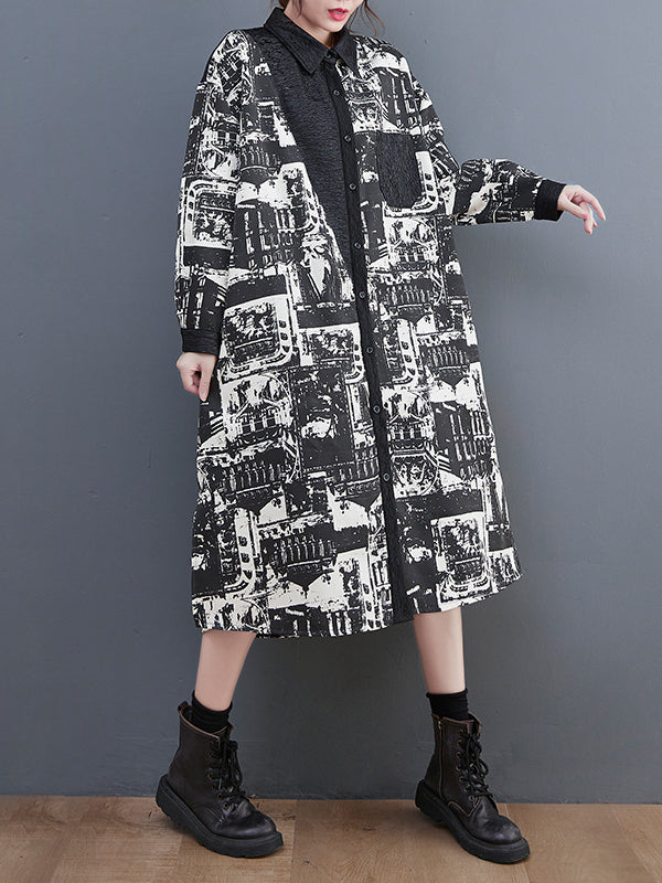 Vintage Print Lapel Long Sleeve Coat