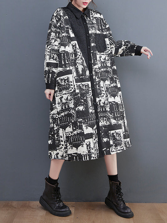 Vintage Print Lapel Long Sleeve Coat