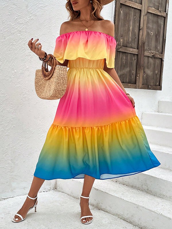 A-Line Loose Contrast Color Elasticity Off-The-Shoulder Midi Dresses