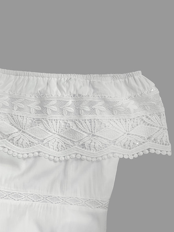 High Waisted Short Sleeves Hollow Solid Color Split-Joint Off-The-Shoulder Maxi Dresses