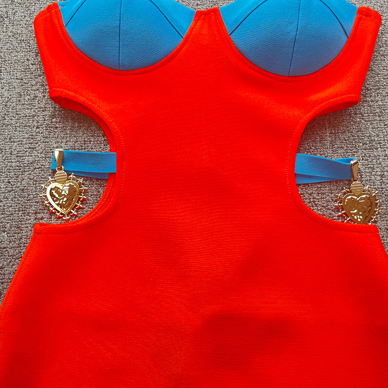 New French contrast color hot girl sexy cutout off-the-shoulder sling bandage one-piece dress