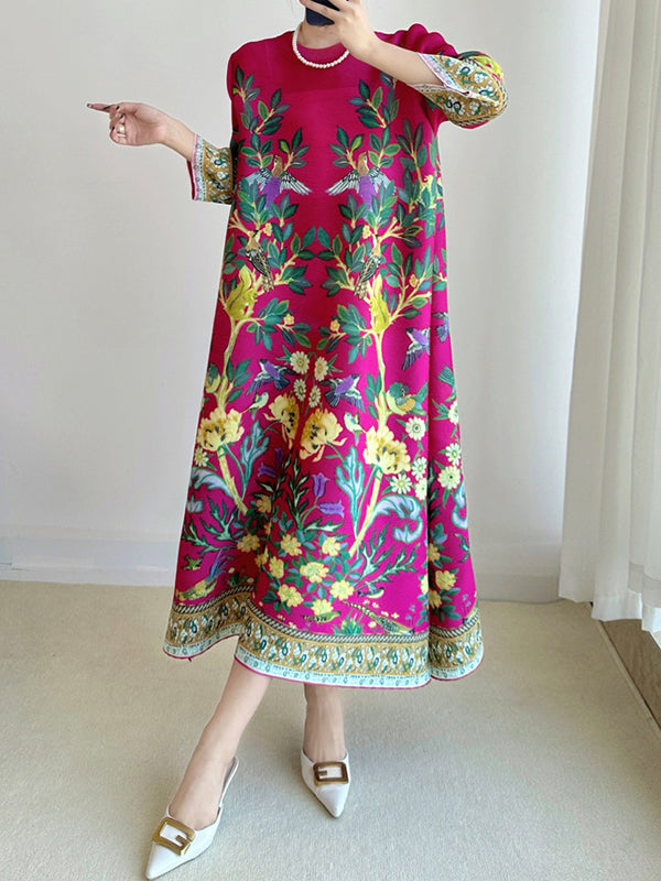 A-Line Loose Flower Print Pleated Round-Neck Midi Dresses