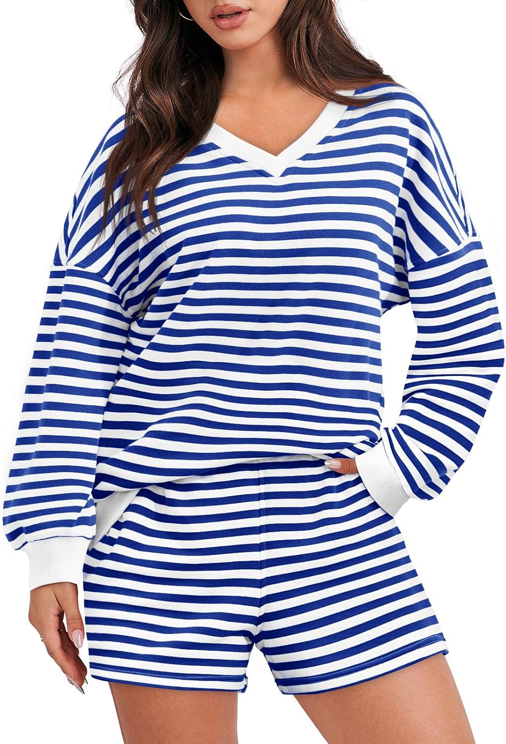 Striped Casual V-Neck Oversized Sweatshirt And Drawstring Shorts Set (Buy 2 Free Shipping)