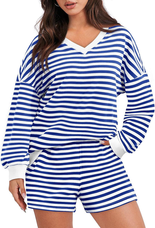 Striped Casual V-Neck Oversized Sweatshirt And Drawstring Shorts Set (Buy 2 Free Shipping)