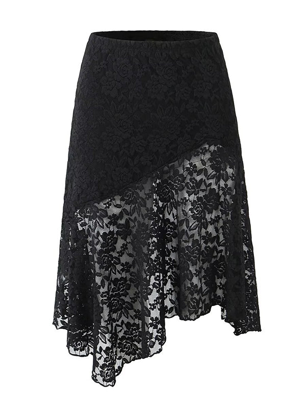 Long Sleeves See-Through Solid Color Mock Neck T-Shirts Tops + Split-Joint Asymmetric High Waisted Skirts Bottom Two Pieces Set