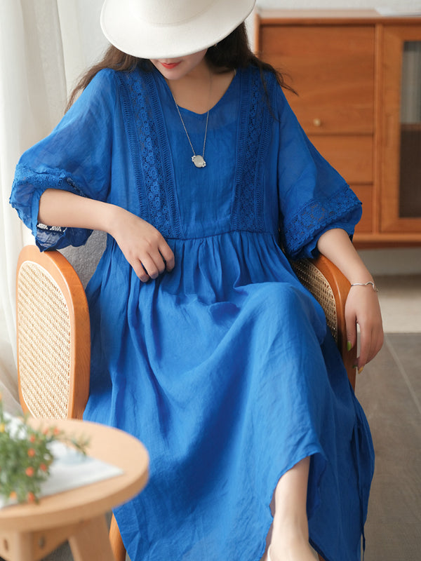 Literary Simple Seven-quarter Sleeve Lace-up Maxi Dress