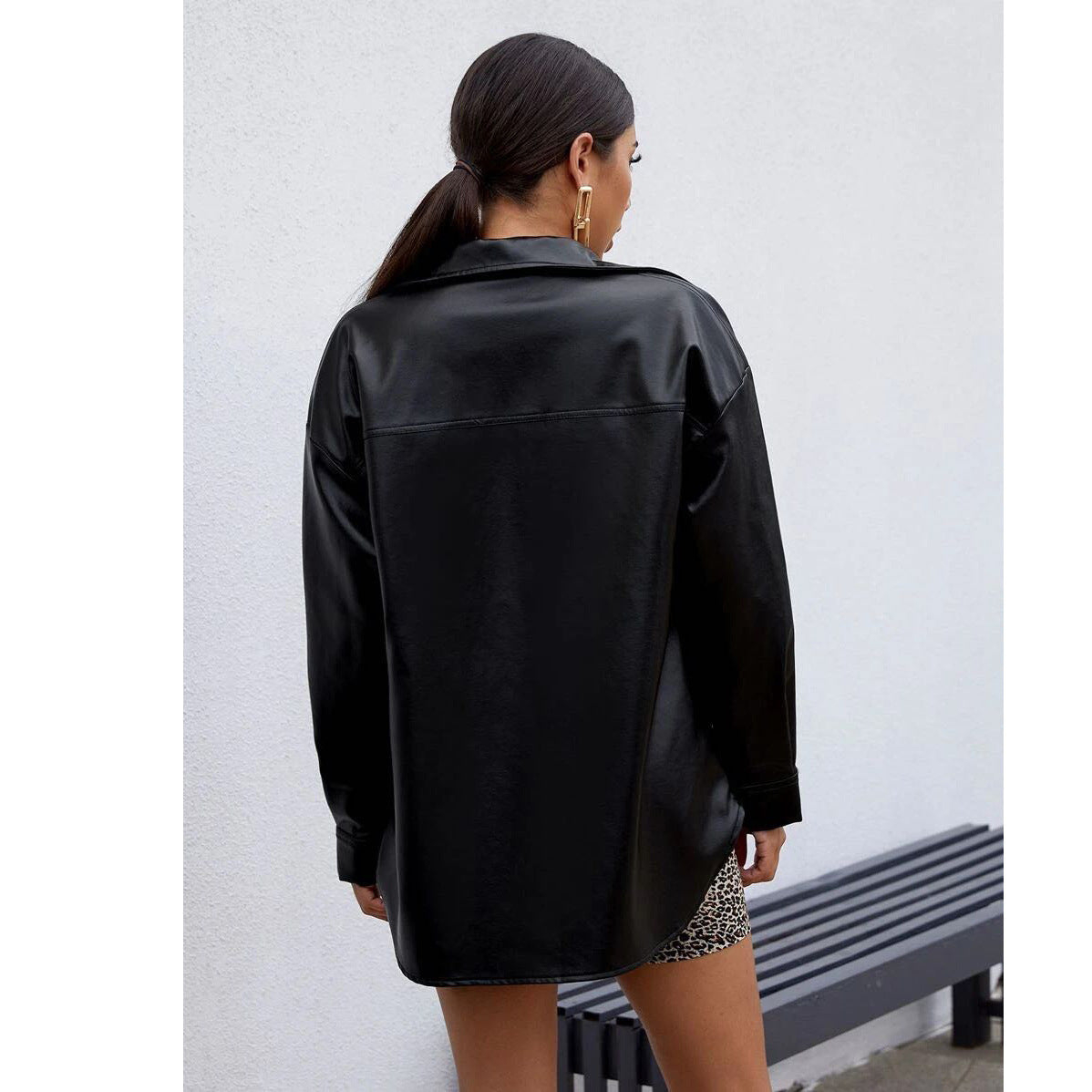 Autumn PU leather women's shirt end cutting jacket coat