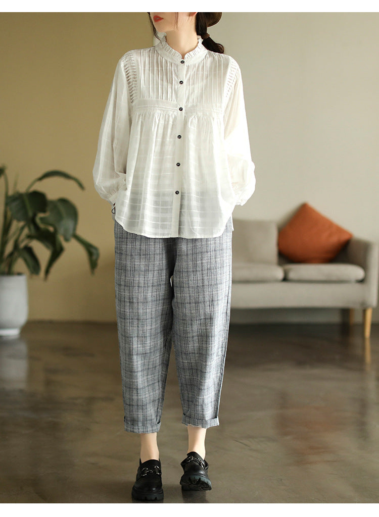 Literary Splicing Bubble Sleeve Cotton Shirt