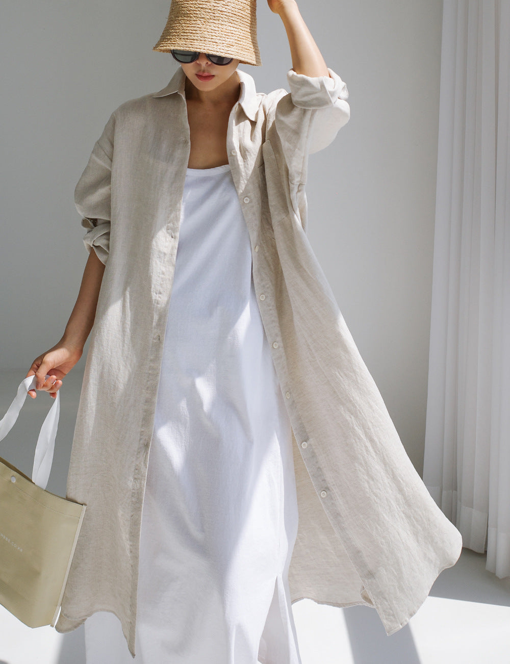 Simple Cotton Linen Long Sleeve Midi Dress