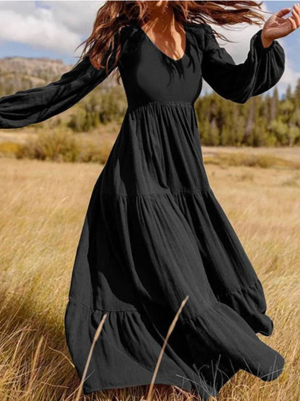 Simple Solid Color V-neck Long Sleeve Maxi Dress