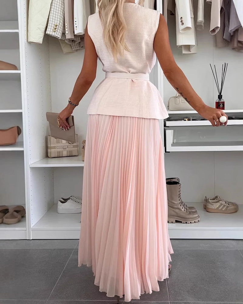 Small Chanel Vest Mesh Pleated Skirt Set