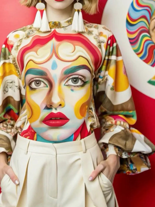 Long Sleeves Loose Contrast Color Figure Mock Neck Blouses&Shirts Tops