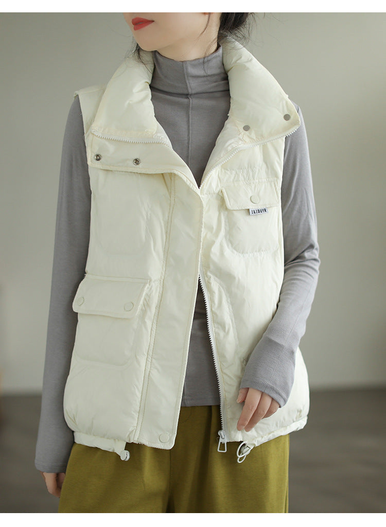 Literary Solid Color Stand Collar  Down Vest Coat