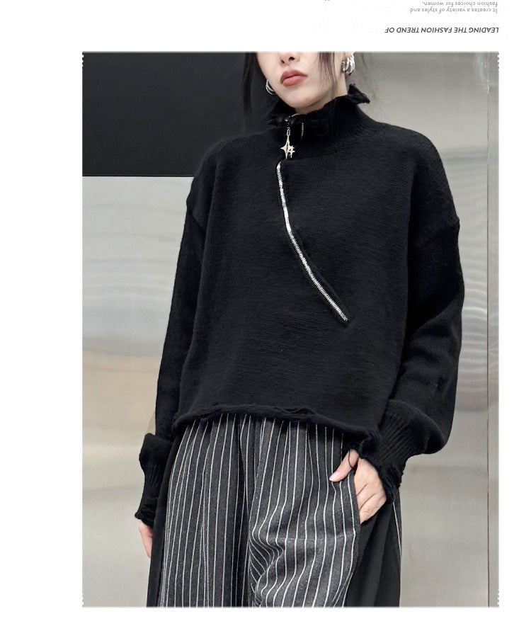 Simple Slant Zipper Turtleneck Sweater
