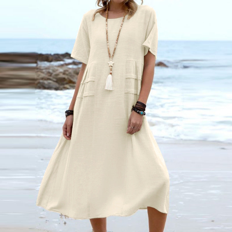 Round Neck Short Sleeves Mid-length Dress