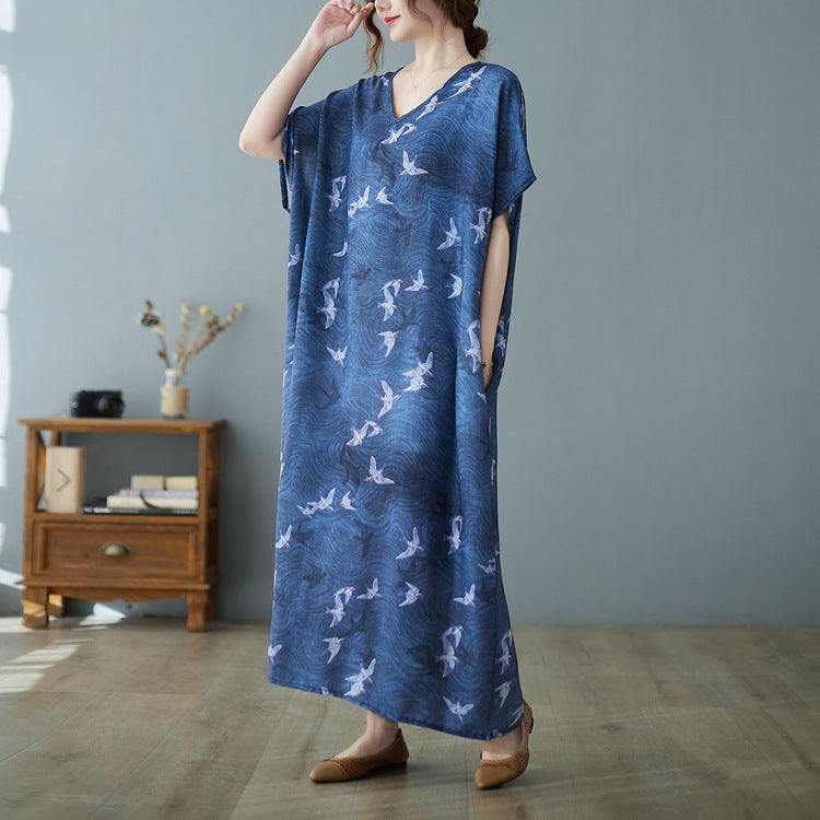 Vintage Print V-neck Short Sleeve Maxi Dress