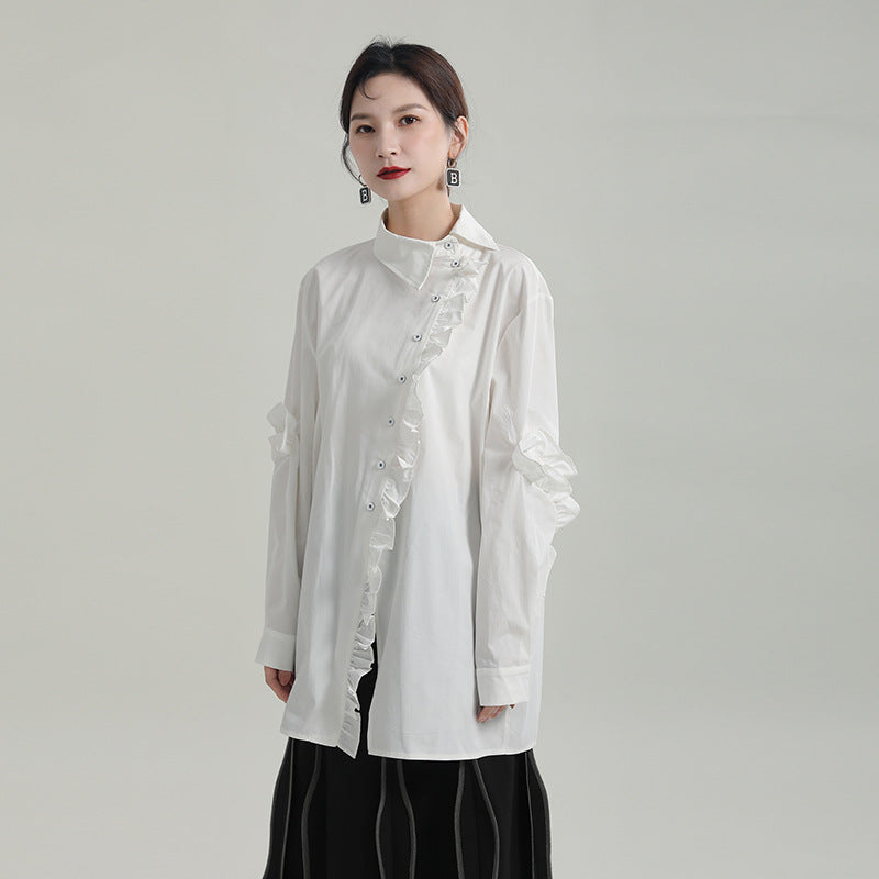 Special Asymmetric Collar Solid Color Long Sleeve Shirt