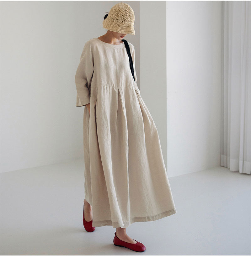 Simple Cotton Linen Style Long Sleeve Maxi Dress