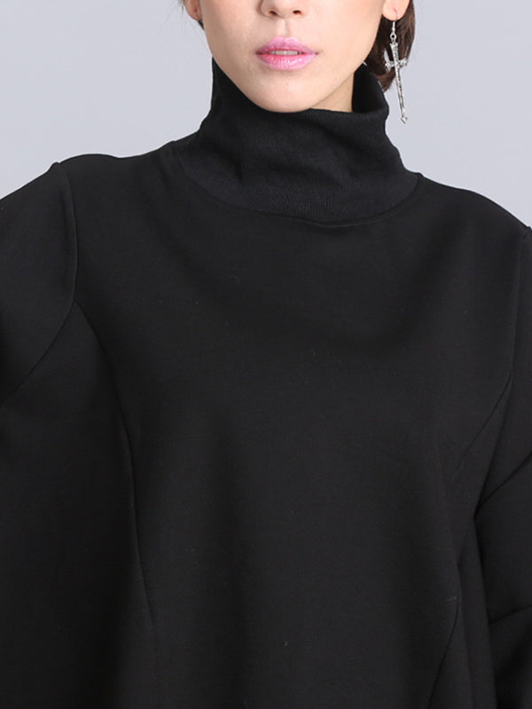 Solid Color Asymmetric High-Neck Loose Batwing Sleeve Sweatshirt