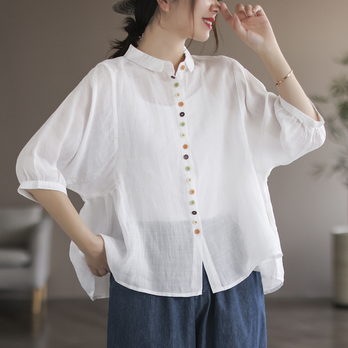 Literary Solid Color Lapel Bat Sleeve Shirt