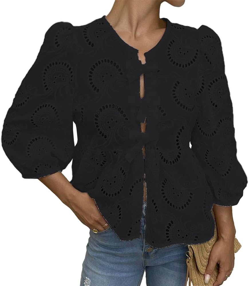 Women's Lace 3/4 Length Puff Sleeve Peplum Tops (Buy 2 Free Shipping)