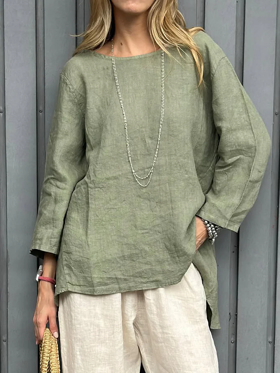 Casual  Nature Linen  Round Neck Top