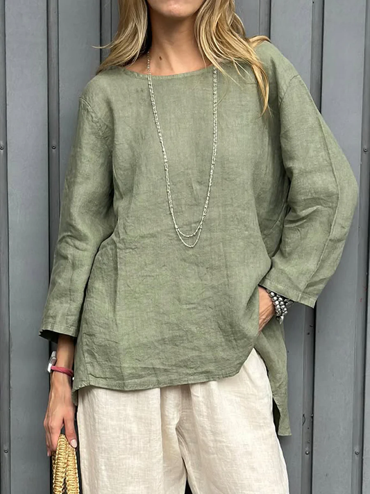 Casual  Nature Linen  Round Neck Top