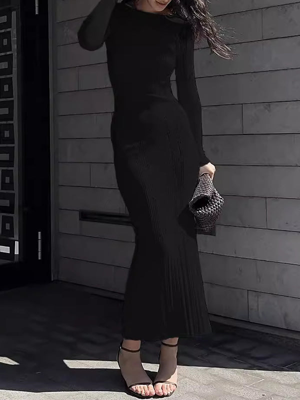 Bodycon Long Sleeves Pleated Solid Color Split-Joint Round-Neck Evening Dresses Maxi Dresses