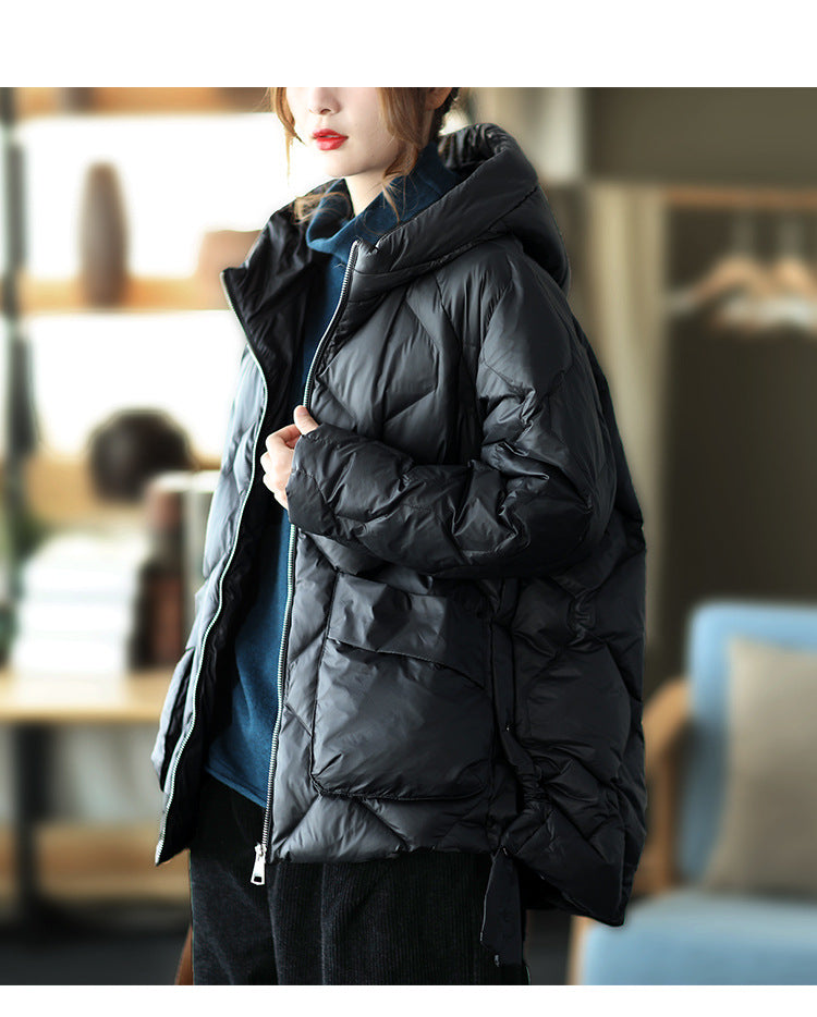 Loose Splicing Hooded Long Sleeve Thickened Down Jacket