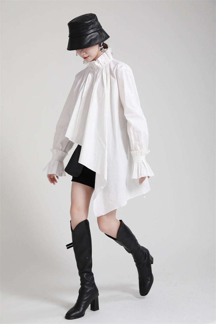 Irregular Solid Color Stand Collar Long Sleeve Shirt