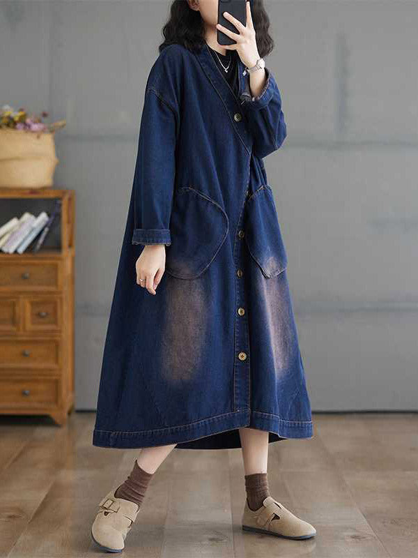 High-Low Long Sleeves Asymmetric Buttoned Pockets Split-Joint V-Neck Outerwear