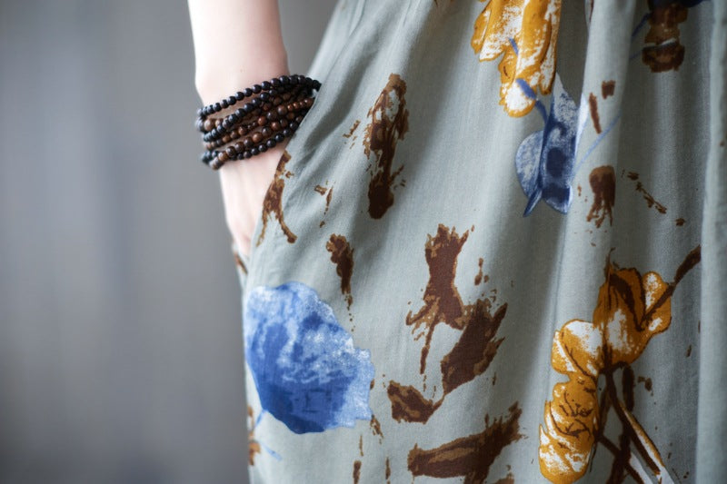 Literary Floral Print Short Sleeve Midi Dress