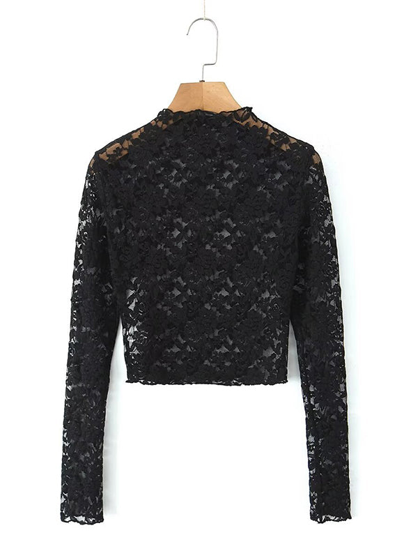 Long Sleeves See-Through Solid Color Mock Neck T-Shirts Tops + Split-Joint Asymmetric High Waisted Skirts Bottom Two Pieces Set