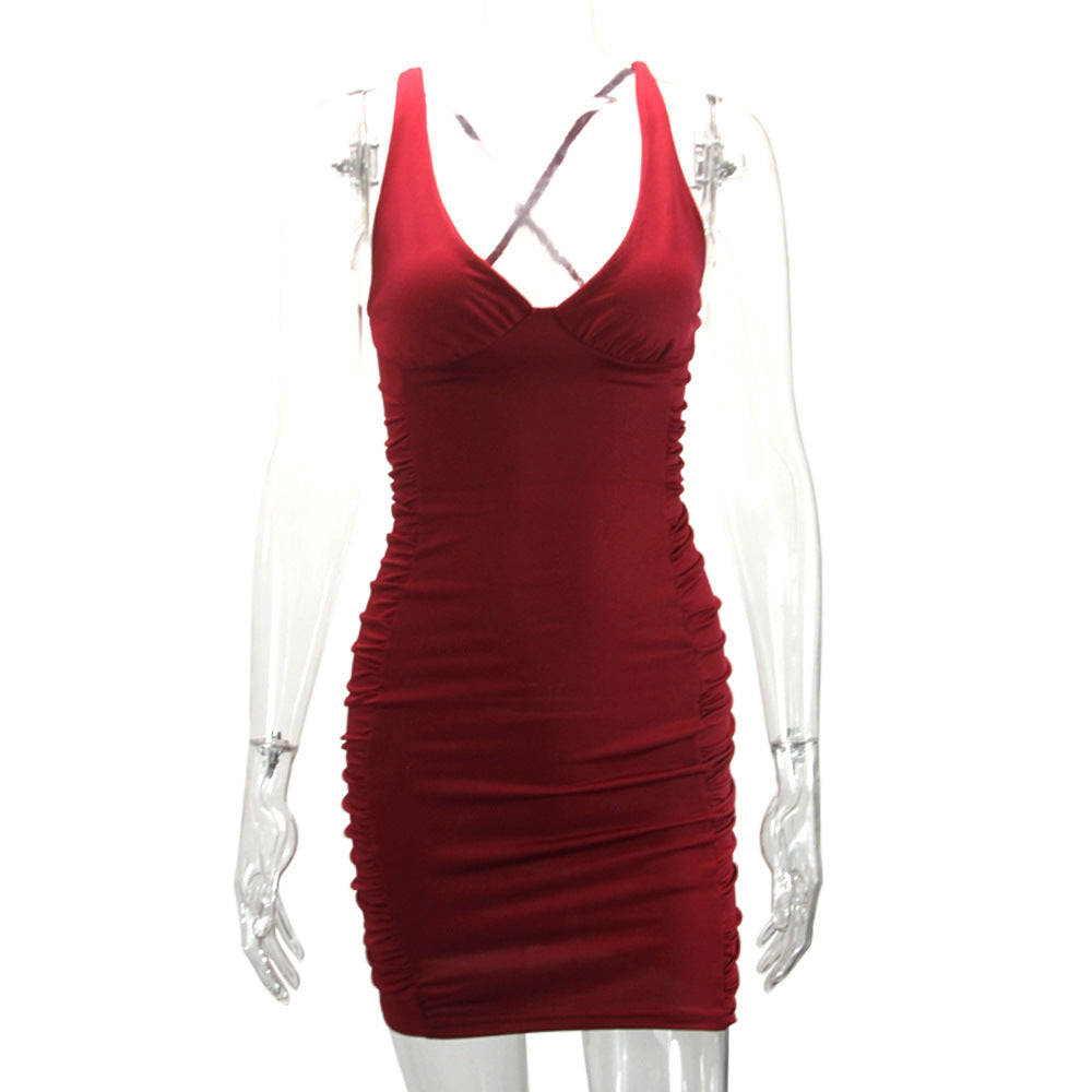 New summer women's clothes V-neck backless ruffle hip sexy dress