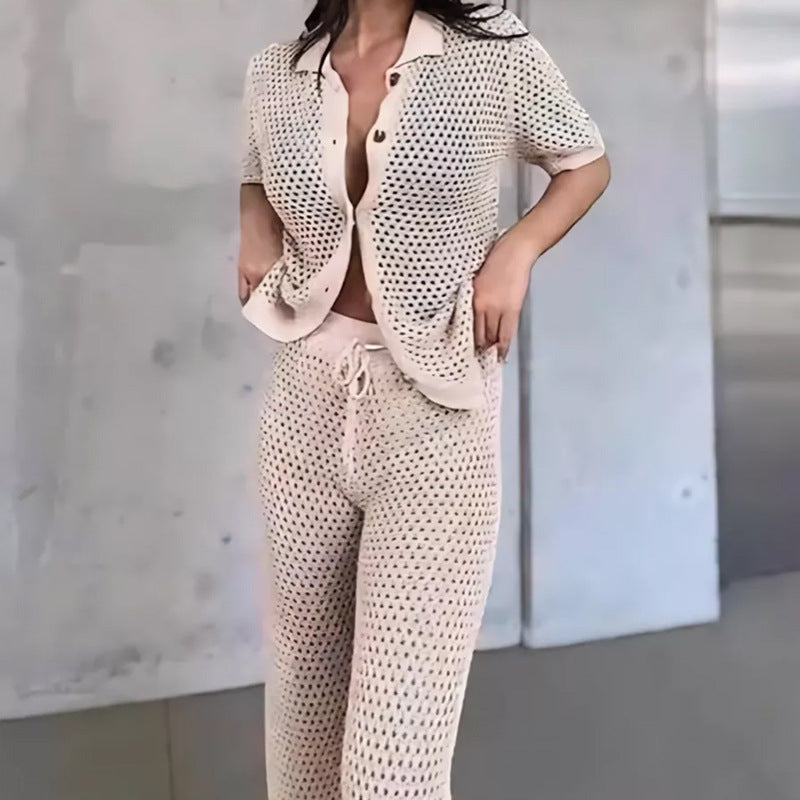 Hollow-out Wool Pants Short-sleeved Shirt Suit
