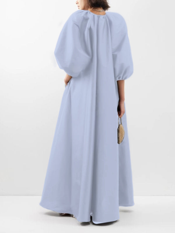 V-Neck Solid Color Puffy Sleeves Loose Maxi Dress