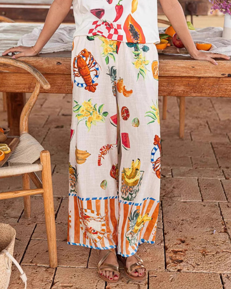 Vacation Graffiti Print T-Shirt Straight Leg Pants Suit