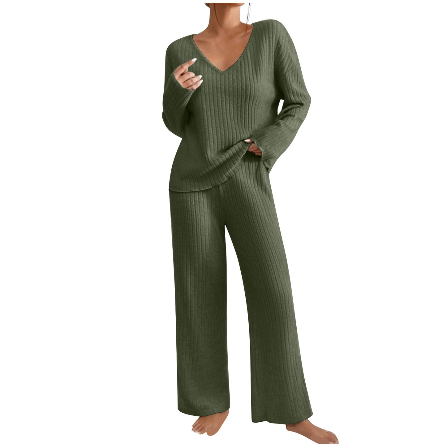 Ribbed Lounge Sets for Women 2 Piece Solid Color Ribbed Knit V Neck Long Sleeve Shirts and Wide Leg Long Pants Casual Travel Pajamas Lounge Set Loungewear Summer Outfits