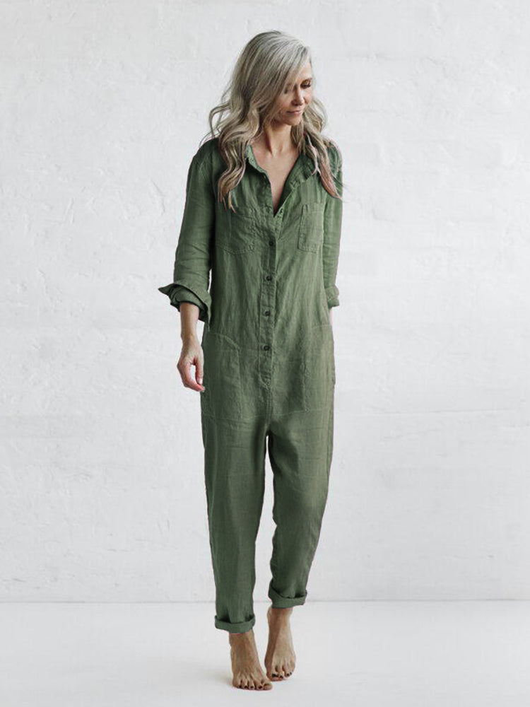 Button Up Casual Linen Jumpsuit