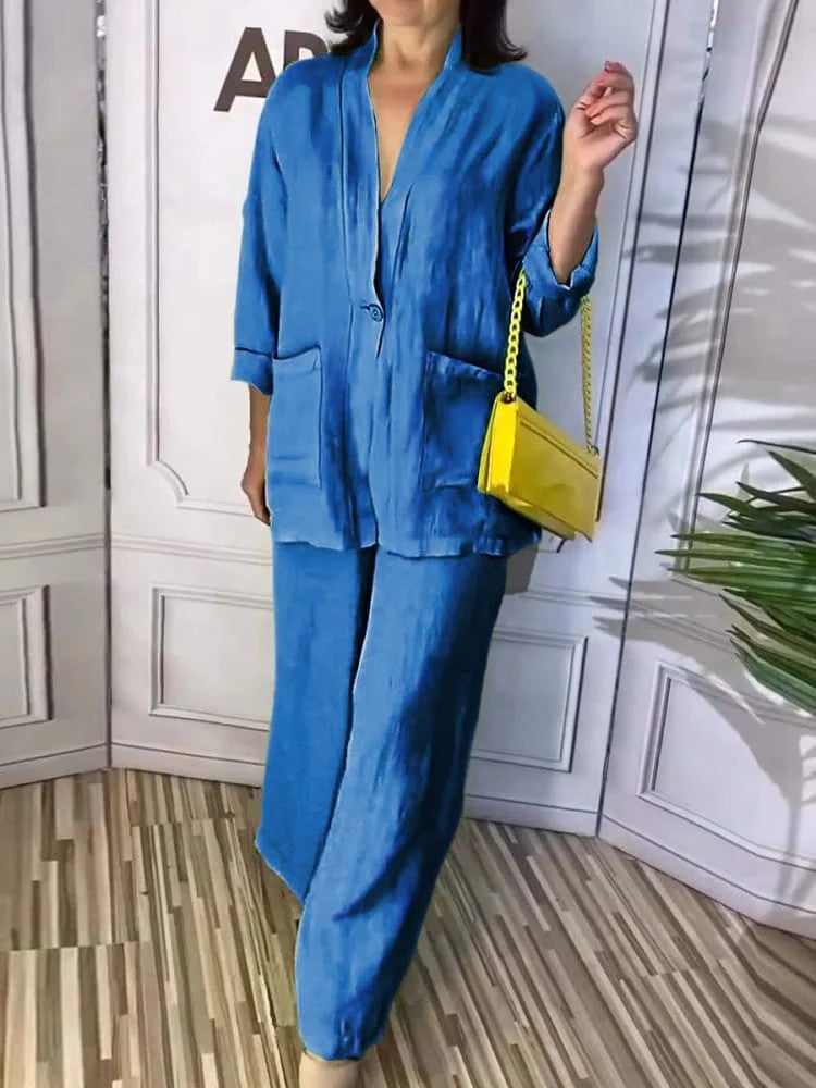 Solid Color V-Neck Top Two-Piece Pants Set