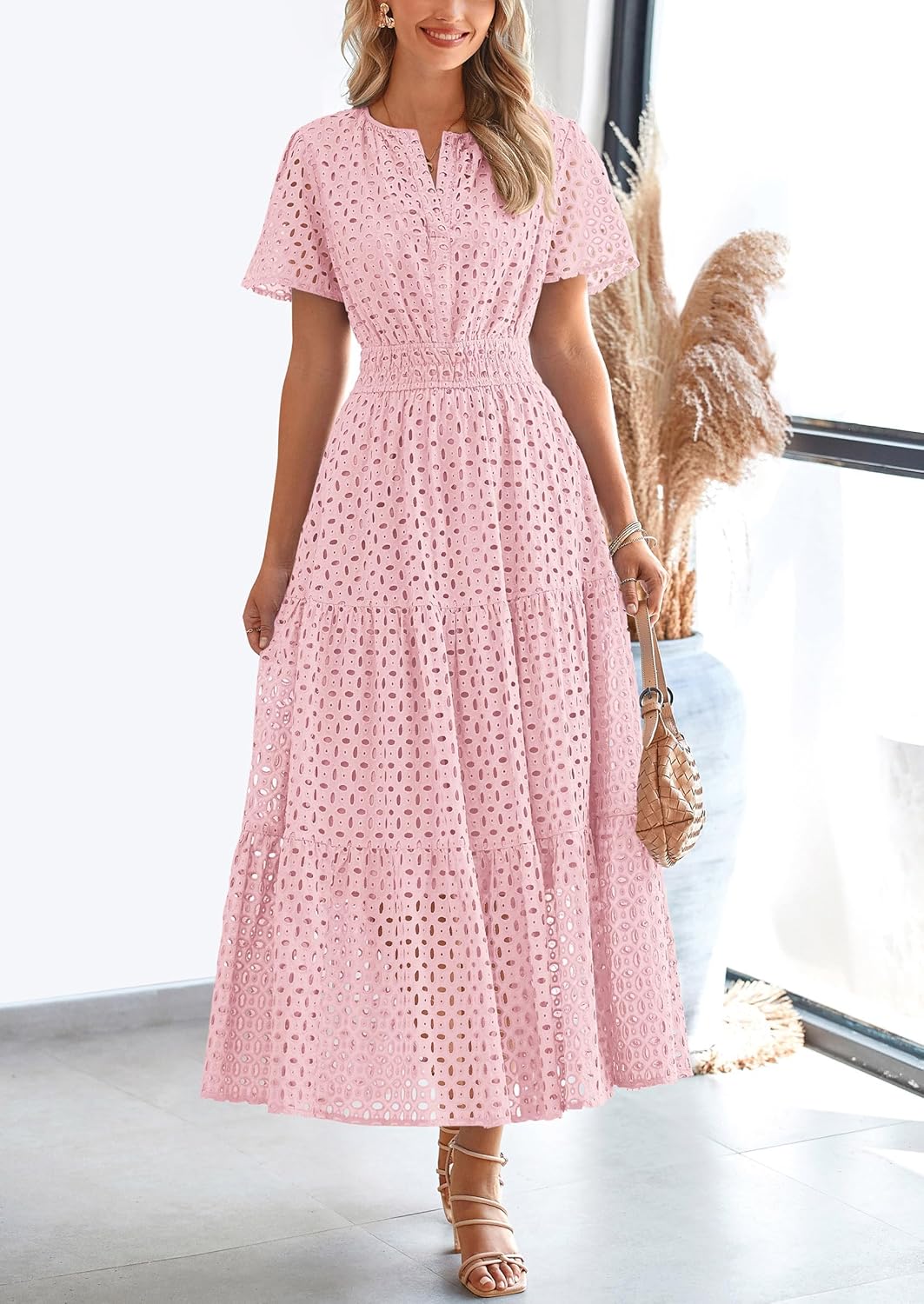 Women‘s Short Sleeve V Neck Eyelet A-Line Maxi Dress (Buy 2 Free Shipping)