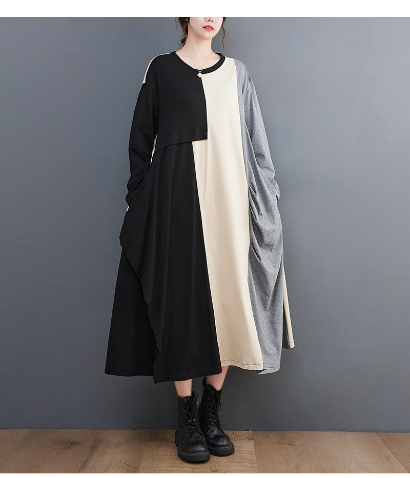 Loose Color Blocking Splicing Round Neck Midi Dress