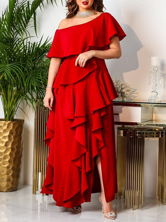 Layered Ruffled Solid Color Split-front One-shoulder Maxi Dresses
