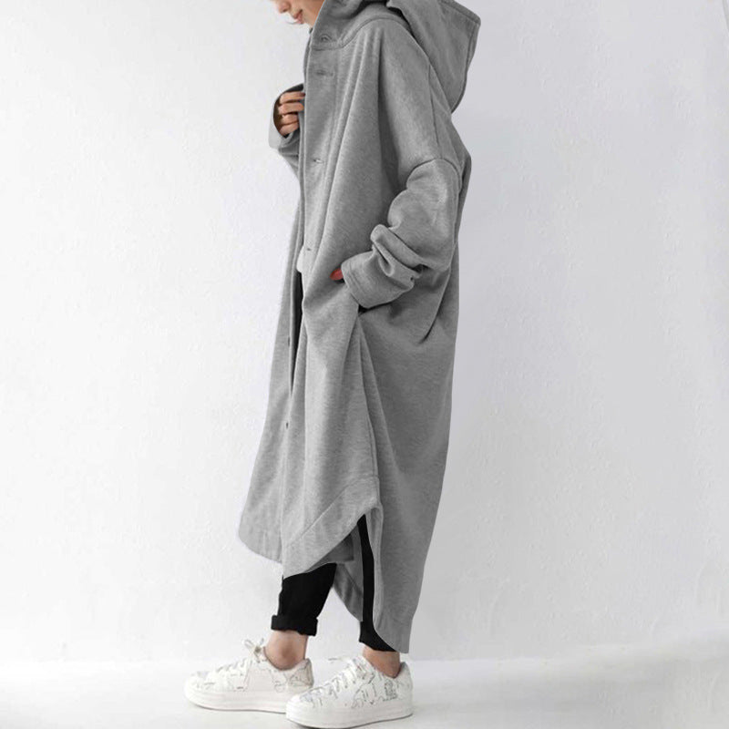 Loose Solid Color Buttoned Hooded Windbreaker Coat