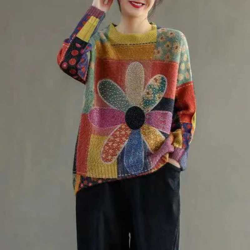 Colorful Flower Knit Round Neck Sweater