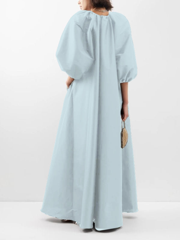V-Neck Solid Color Puffy Sleeves Loose Maxi Dress